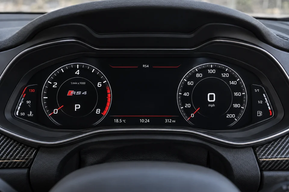 An RS instrument direction — digital-cluster, right-hand-drive layout