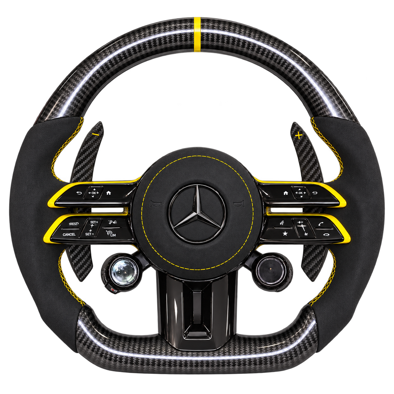 Carbon fibre AMG Dragonfly steering wheel with yellow detailing
